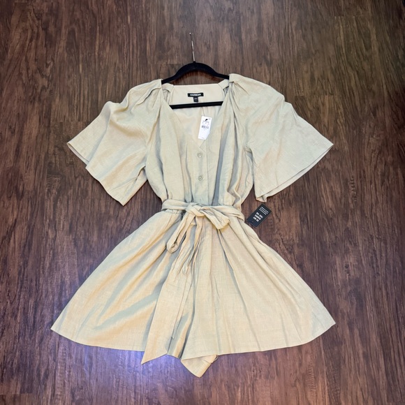 Express linen blend button up tie waist romper - Picture 3 of 16